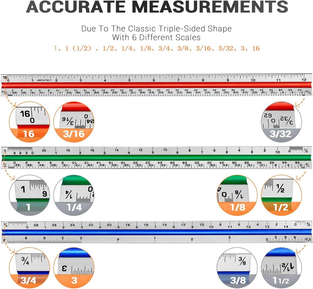 12" Architectural Scale Ruler Aluminum Architect Triangular Tricolor