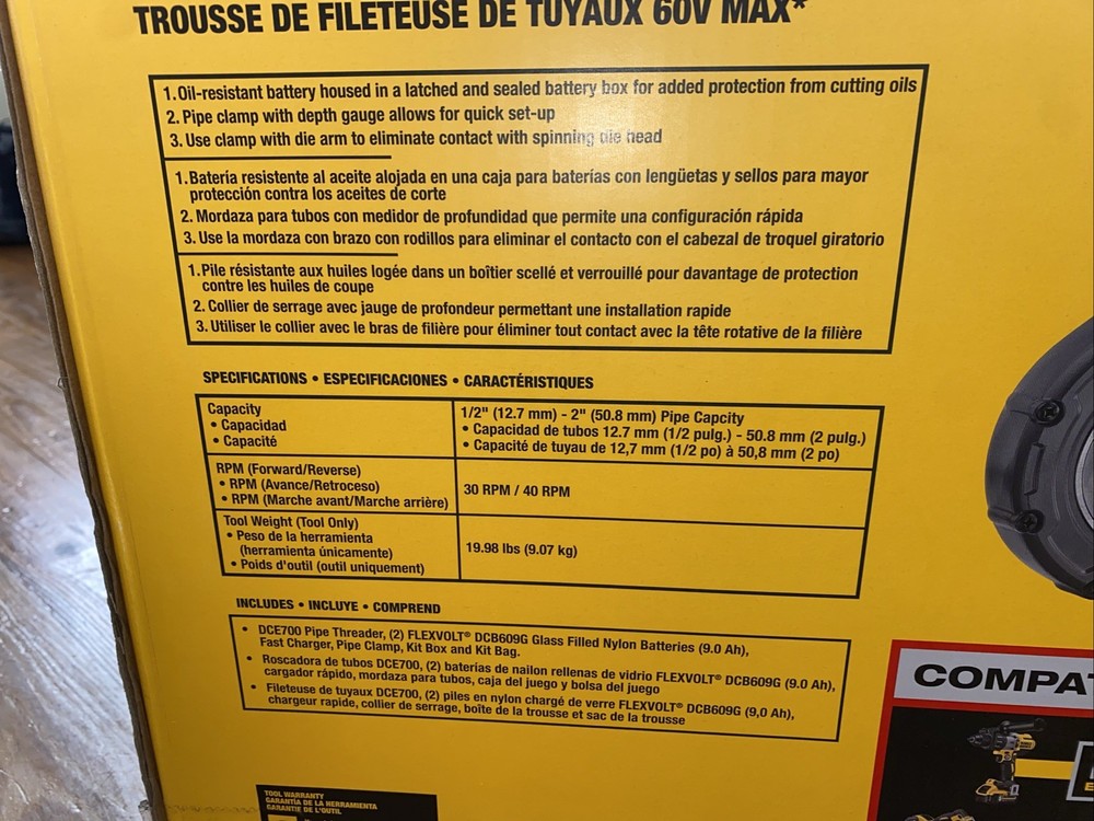 DeWalt DCE700X2 Flexvolt 60V MAX Brushless Cordless Pipe Threader Kit