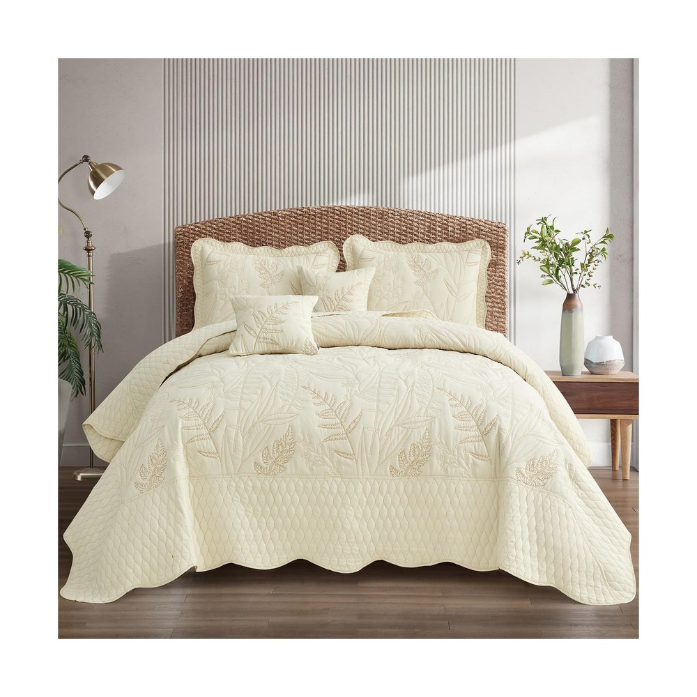 Botanical Oversized Bedspread Queen Size - Leaves Pattern Stitching... Fast Ship