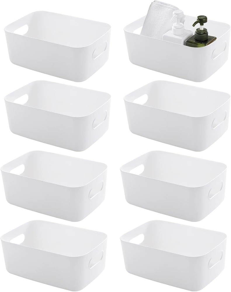 Small Plastic Storage Baskets 8 Pack White Portable Stackable Multipurpose BPA