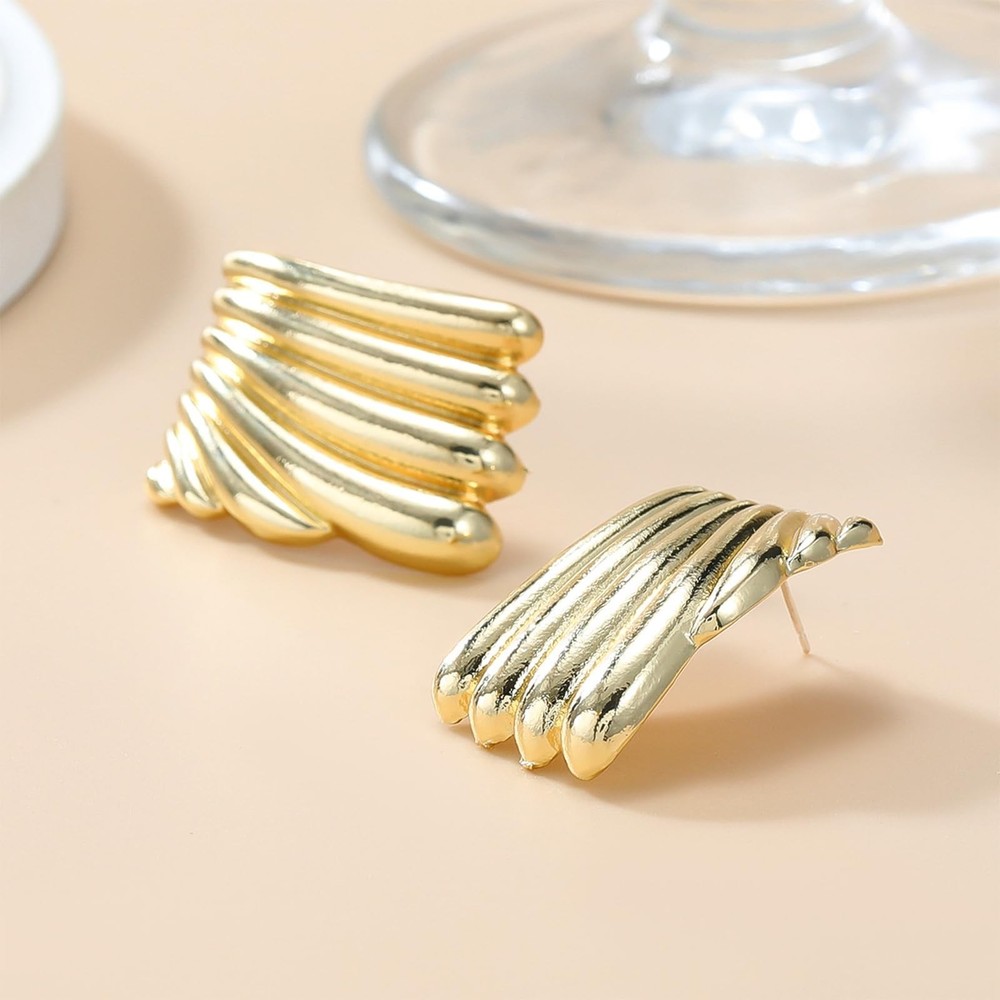 Minimalist Alloy Chunky Striped Rectangle Geometric Square Statement Stud Ear...