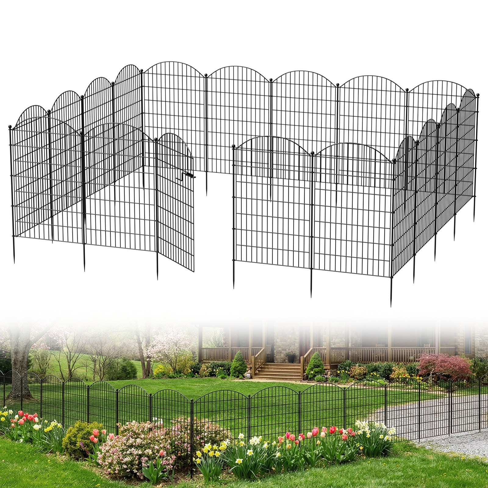 Decorative No Dig Garden Fence with Gate - 7/13 Panels for Pets & Yard 15/18 Ft