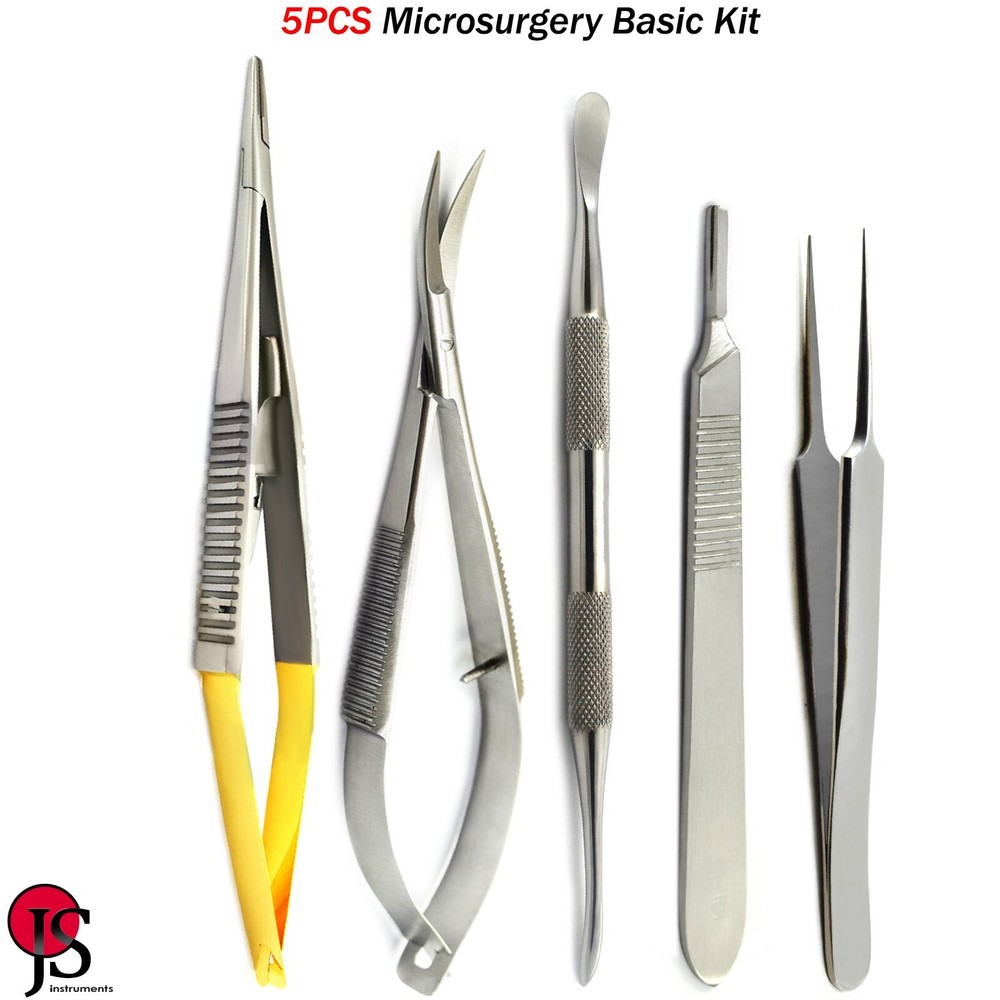 5PCS Basic Microsurgery Kit Needle Holder Suture Micro Scissors Tweezers Scalpel