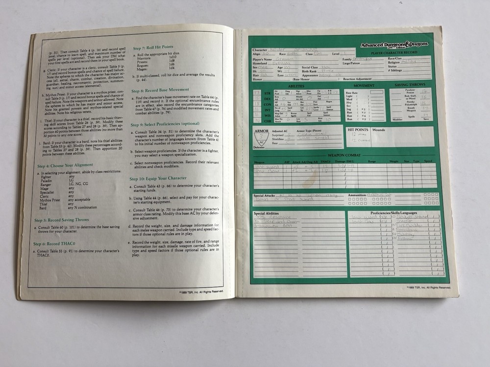 Advanced Dungeons and Dragons Character Record Sheets TSR 1989