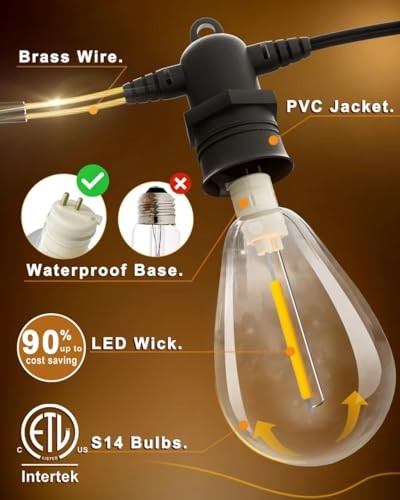 60FT LED Outdoor String Lights with 16+1 Edison Shatterproof IP65 60 Ft