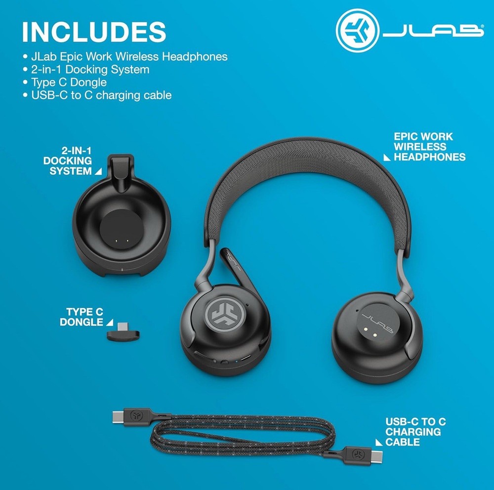 JLab Epic Work Wireless Headset with Microphone, Smart Active Noise Cancellation