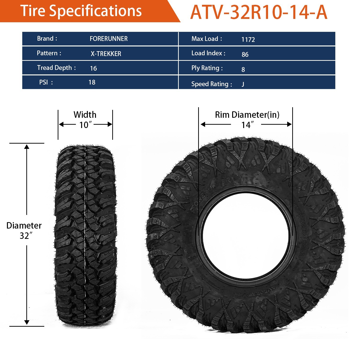 32x10-14 8Ply Radial ATV UTV Tires 32x10x14 Mud All Terrain Tires 32 10 14 Set 4