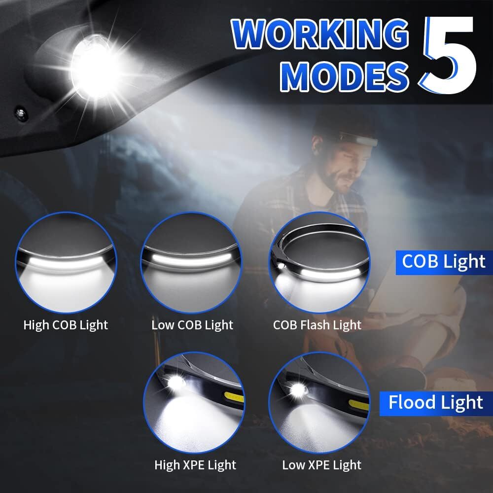 COB LED Headlamp USB Headlight Torch Work Light Bar Head Band Lamp for Hiking US