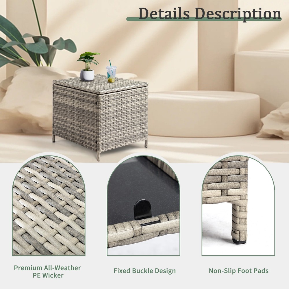 PE Wicker Side Table with Storage, Patio Rattan End Table Square Container