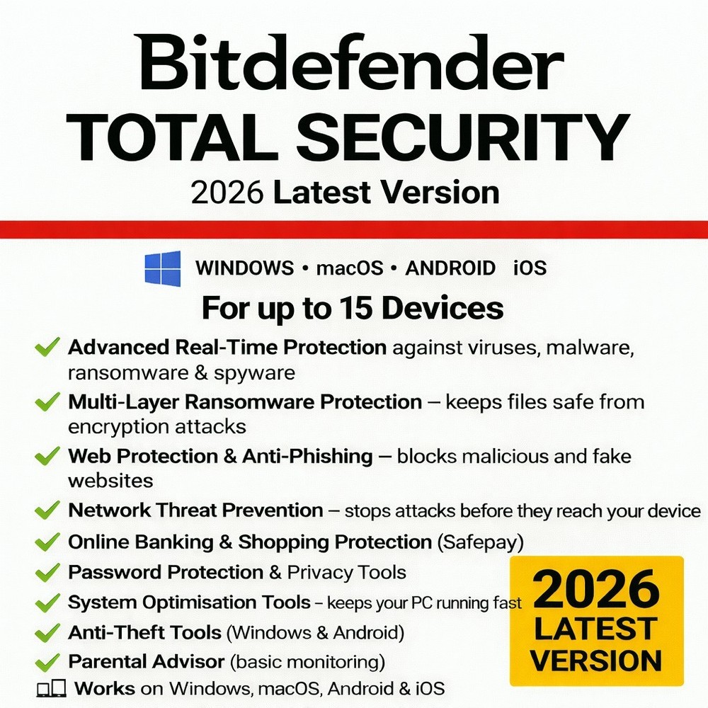 Bitdefender Total Security 2026 - 3 Years 15 Devices