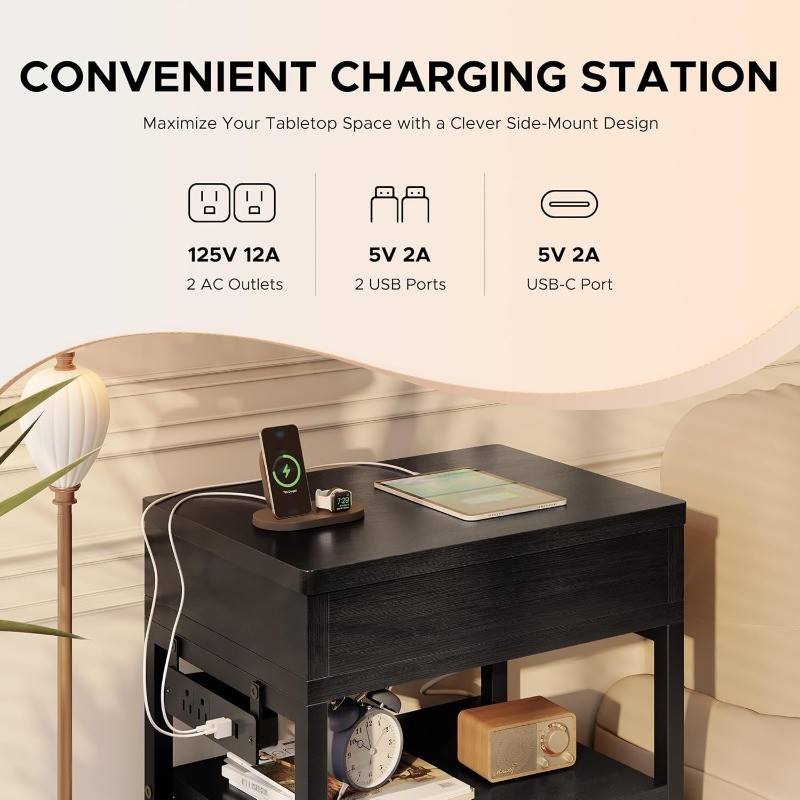 Hidden Drawer Charging Table - Night Stand with Charger Station and Sliding Top