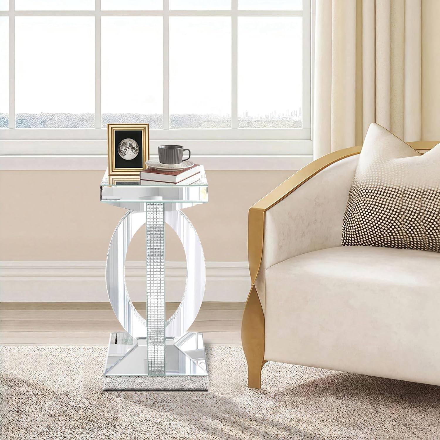 12"x12"x24"Silver Mirrored End Table with Crystal Inlay,Modern Side Accent Table