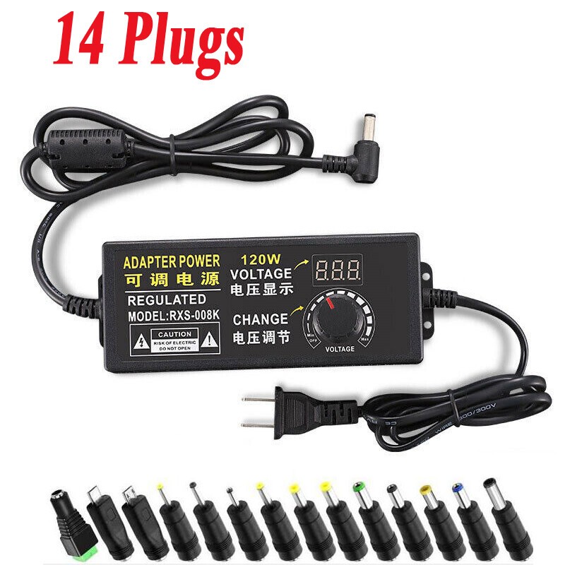 9V-24V 5A 120W Adjustable Voltage Power Supply Adapter Transformer 14 Plugs US