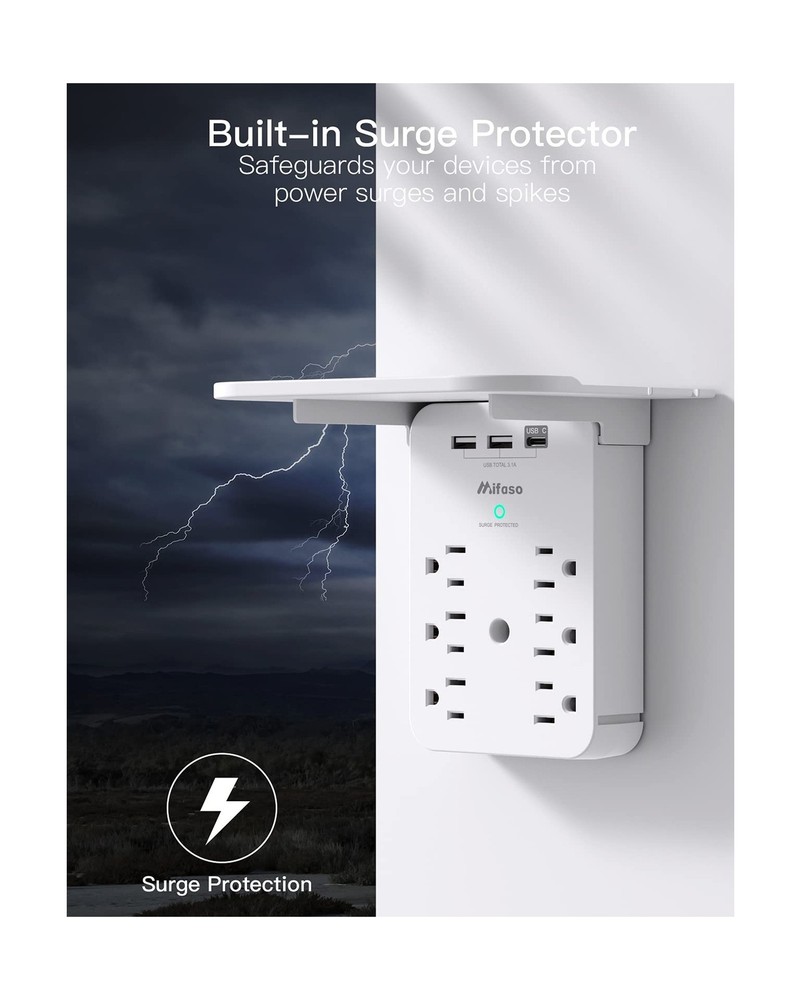 Wall Outlet Extender - Surge Protector 6 AC Outlets Multi Plug Outlet with Sh...