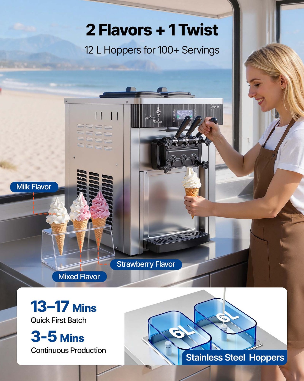 VEVOR Commercial Ice Cream Machine 2200W Pre-Cooling Ice Cream Maker 3 Flavors