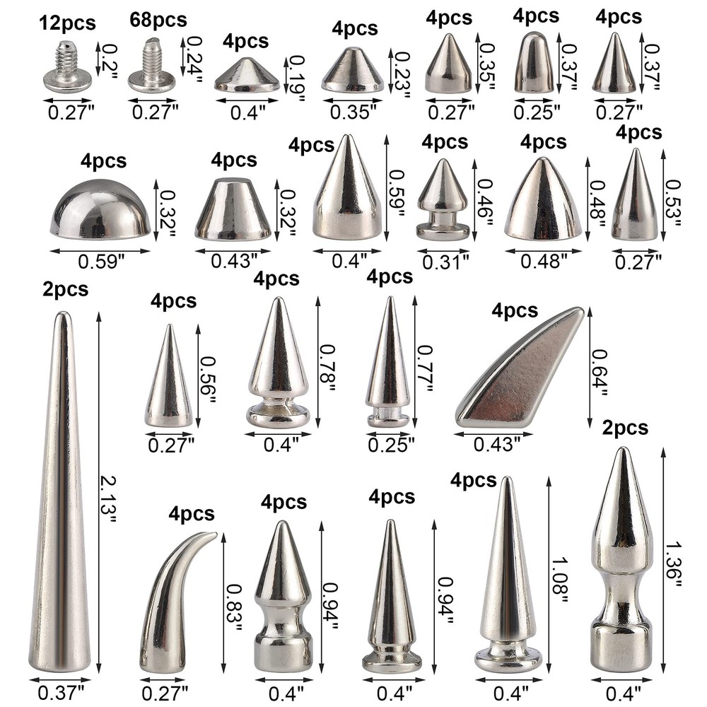 80 Sets Mixed Shape Spikes and Studs Assorted Sizes Silver Color Screw Back B...