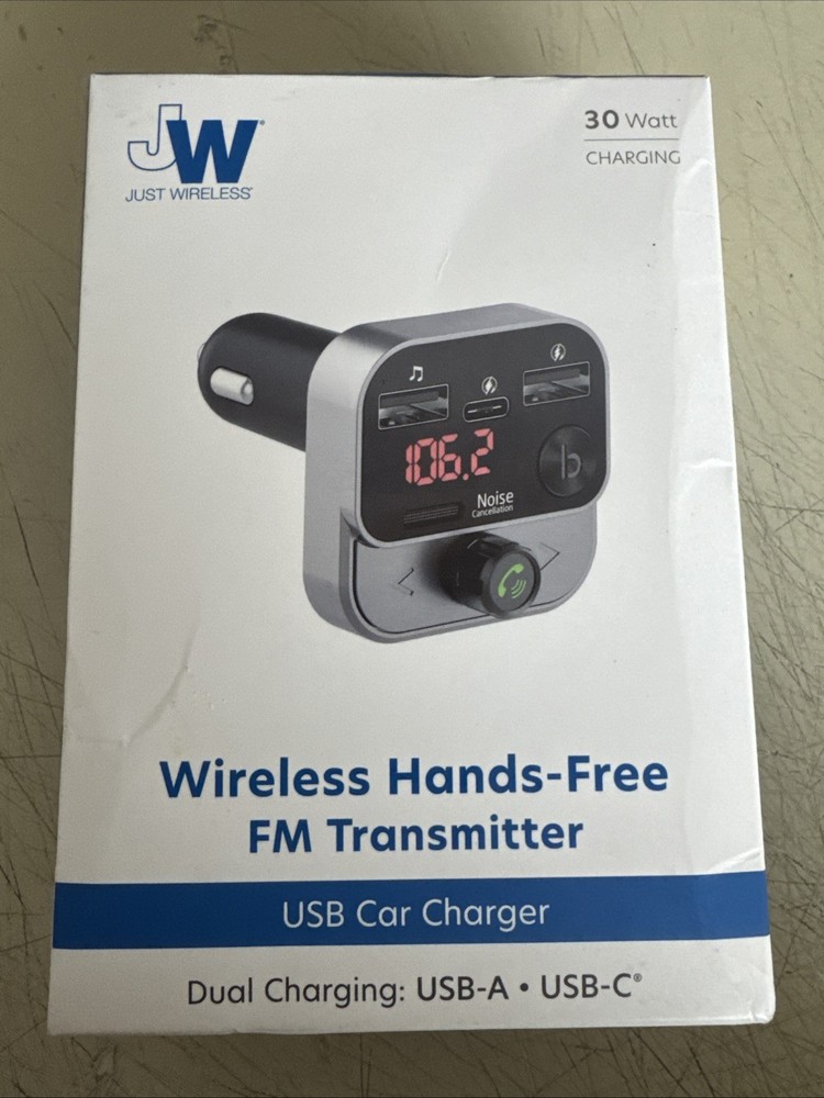Just Wireless Wireless Hands Free FM Transmitter USB Car Charger USB A & C Ports