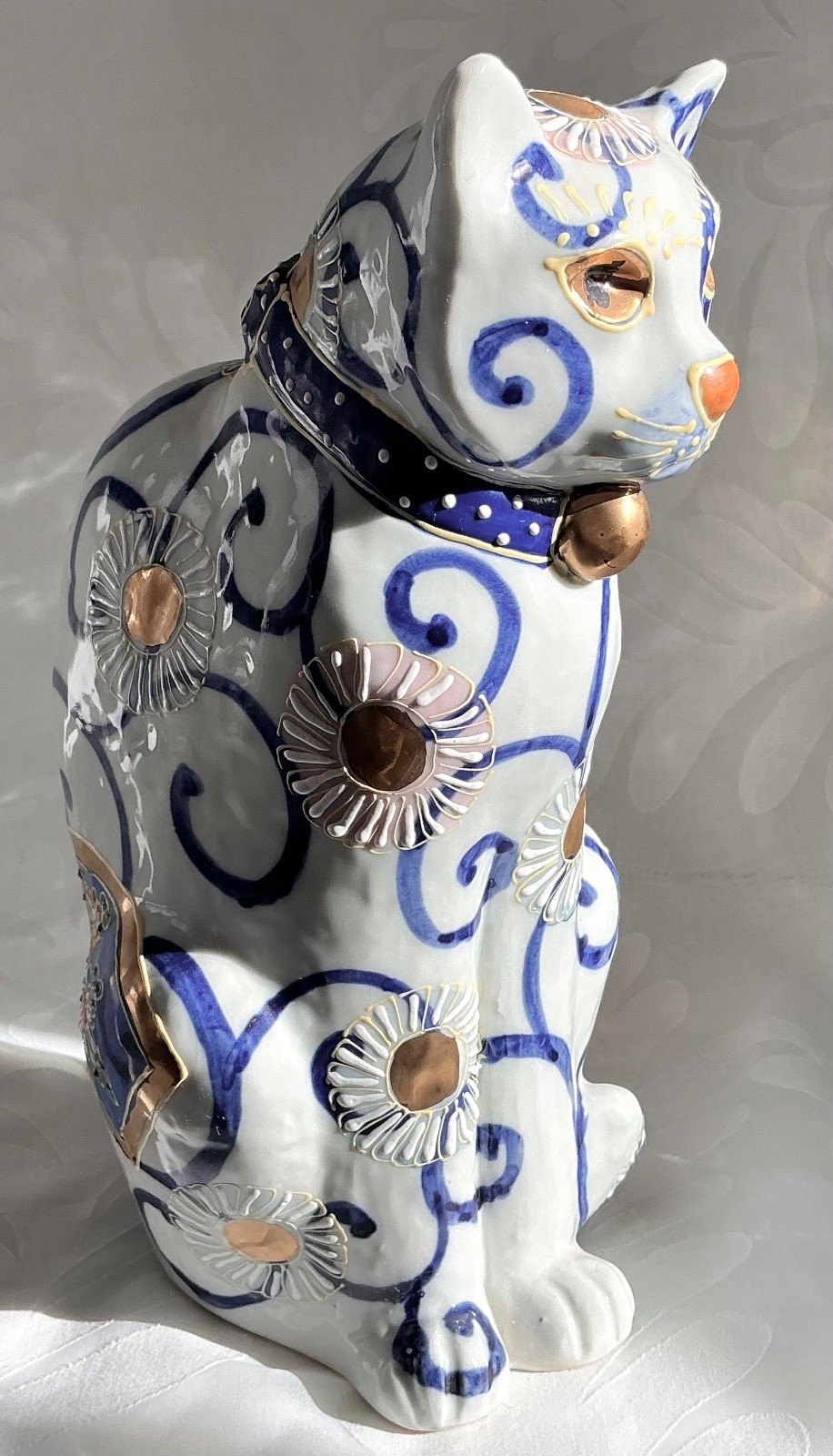 Vtg Large Kutani Cat 9" Porcelain Figurine Japanese Lucky Kitten Sculpture