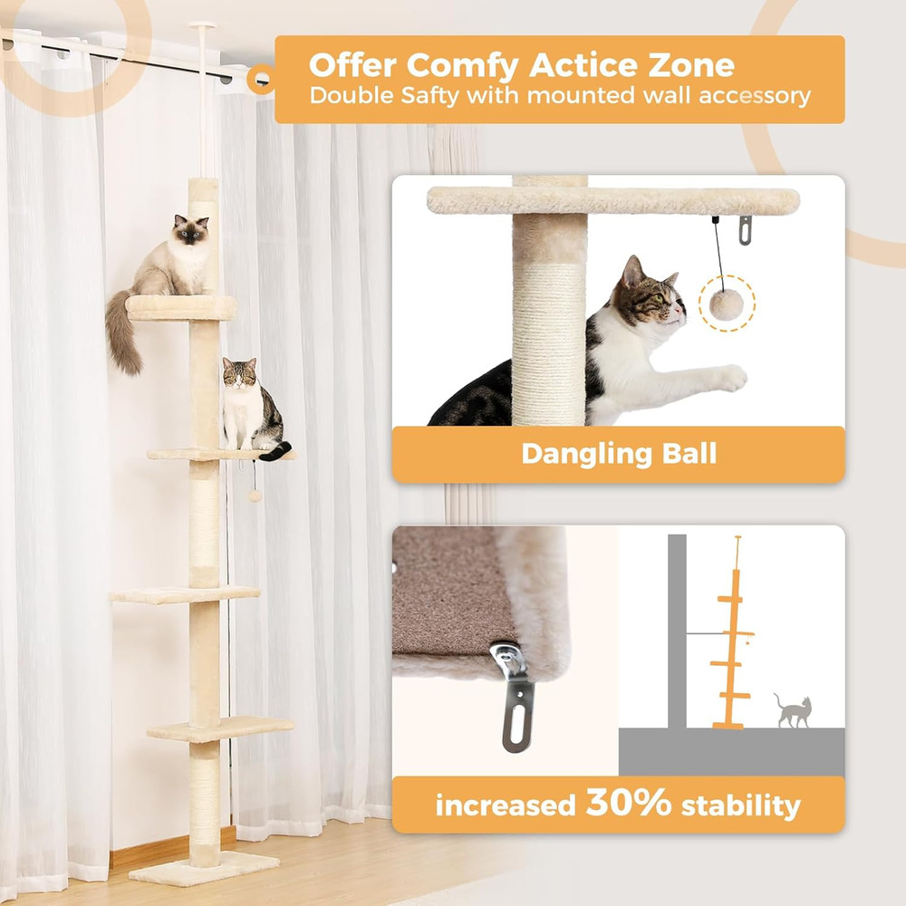 Adjustable 5-Tier Cat Tree with Scratching Post & Cozy Bed - Beige