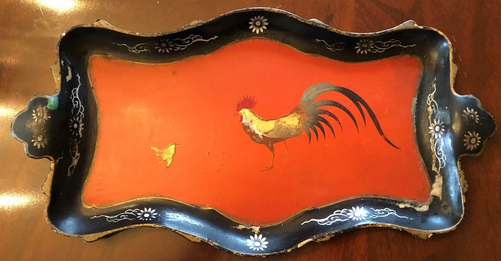 Antique Japanese Laquerware Rectangular Tray With Hand Painted Rooster