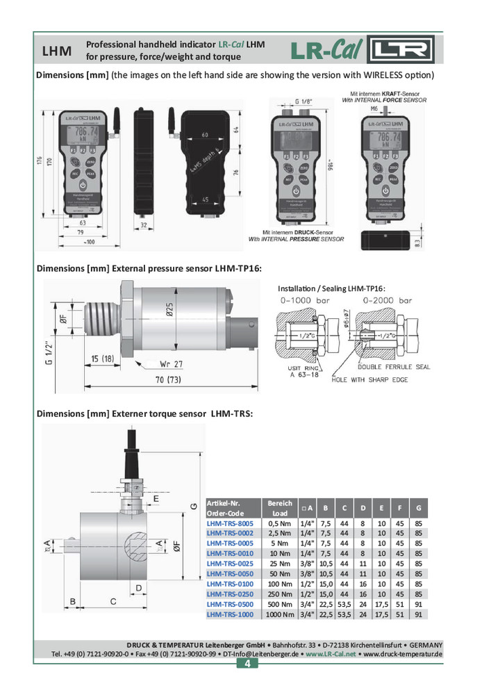 LR-Cal LHM GP Pressure/Torque Indicator Internal Pressure Sensor ±0.1%Accuracy
