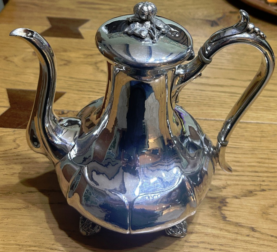 Antique James Dixon Silver Plated Coffee Pot, Very Ornate Circa 1842