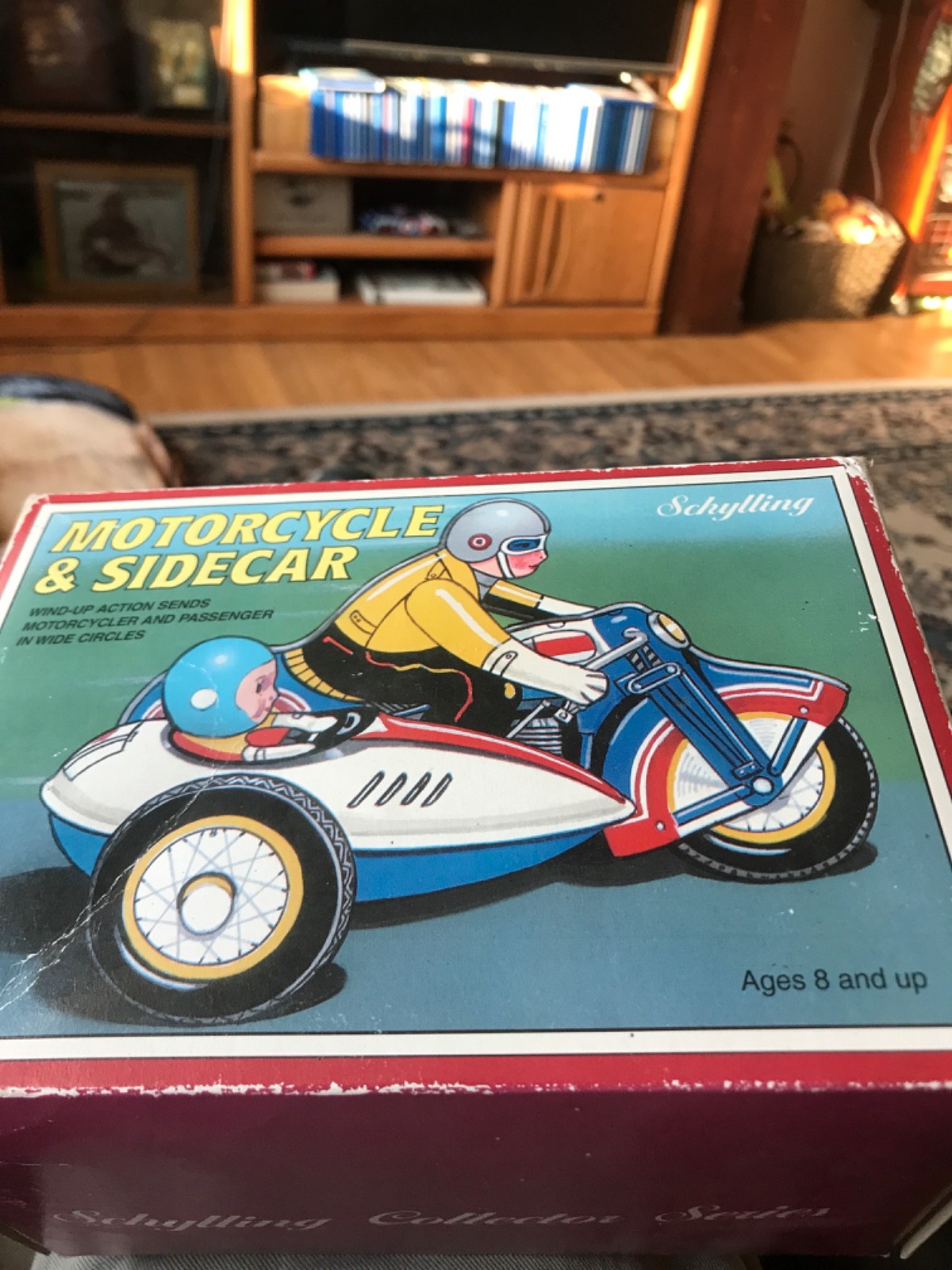 Vintage tin motorcycle with side car 7".