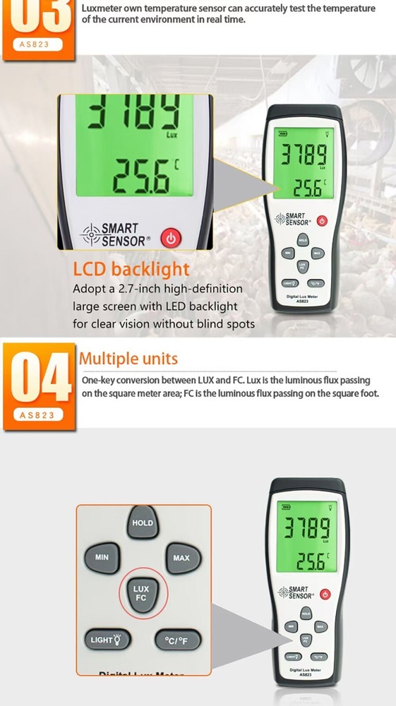 SMART SENSOR Digital Light Luxmeter Illuminance Handheld Photometer Detector AU