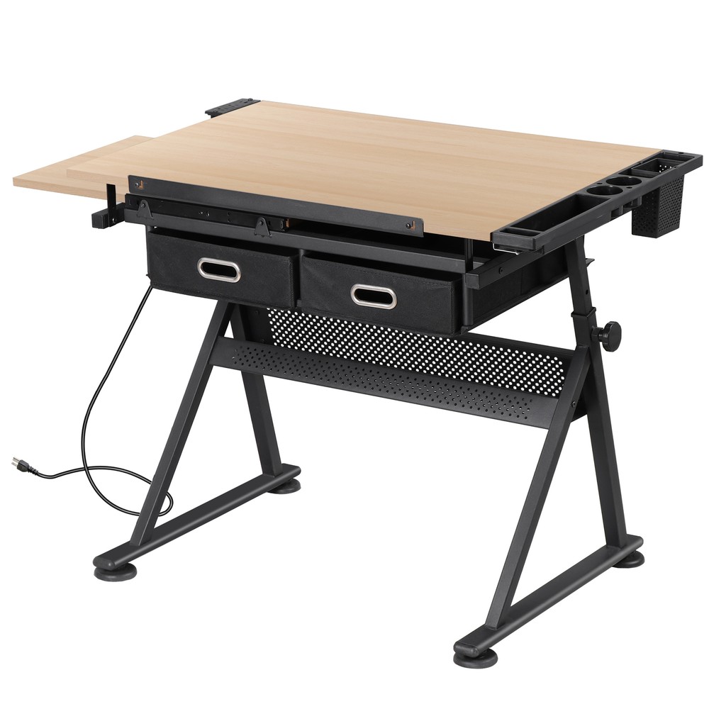 Adjustable Drafting Drawing Table Tiltable Tabletop w/ Stool & Outlet Natural