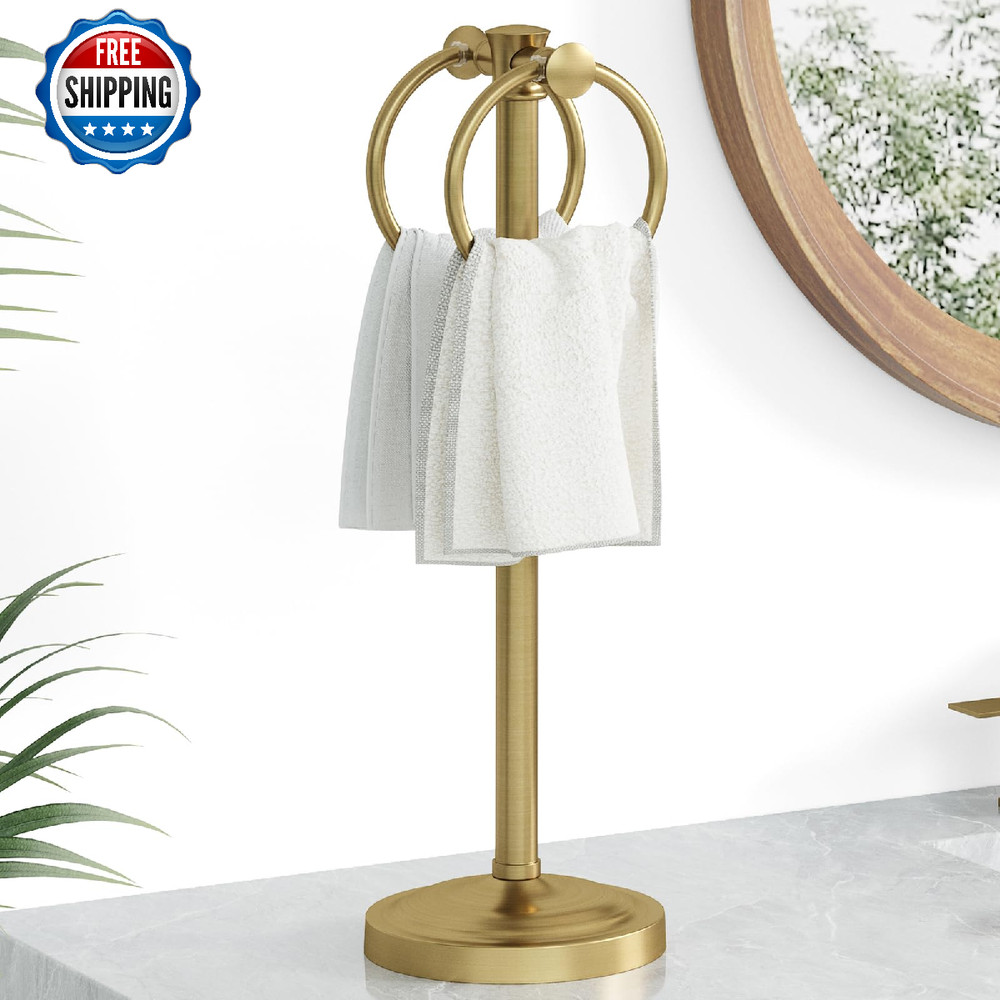 Hoimpro 17" Brushed Gold Free Standing Towel Rack Bracket, Double Towel Ring Han