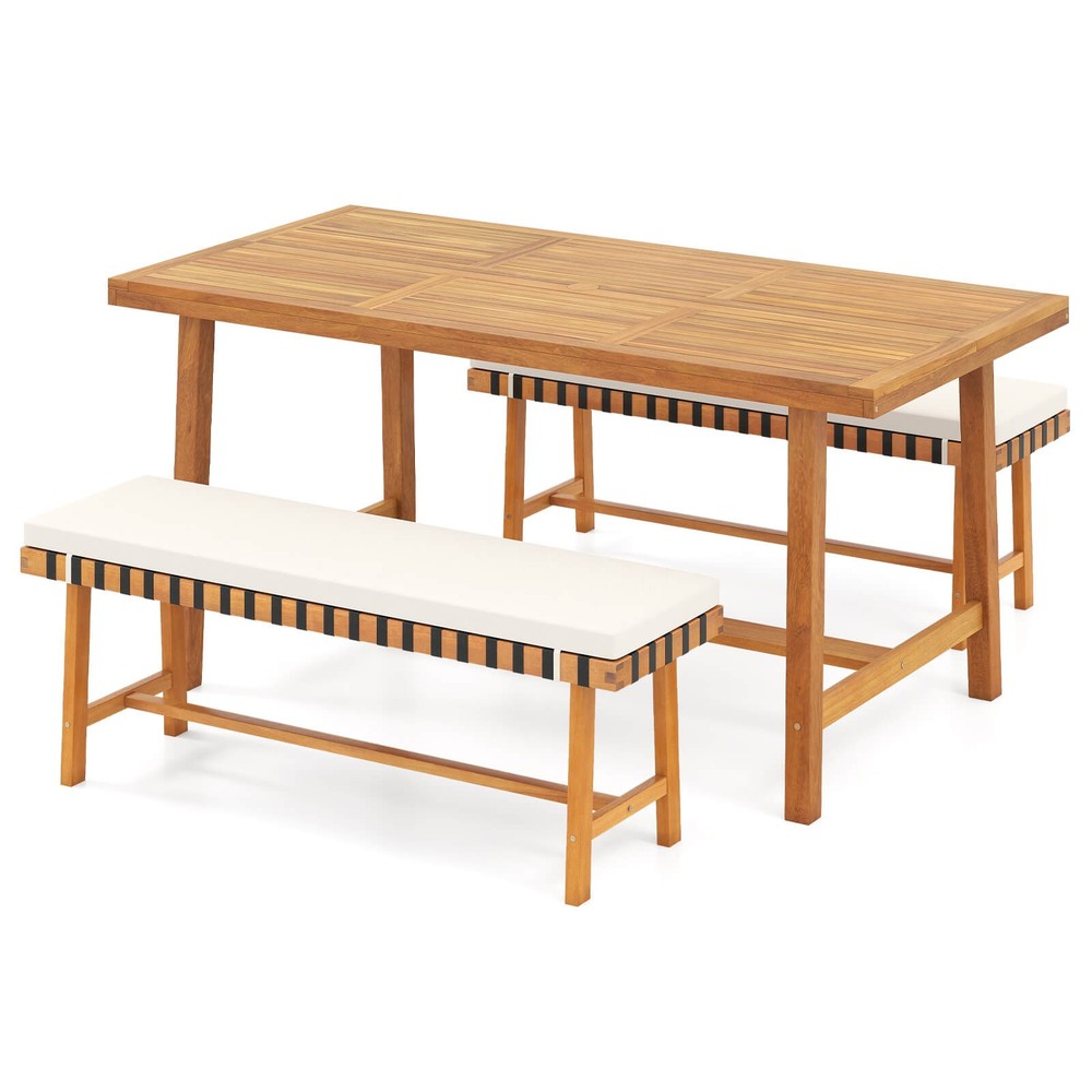 3-Piece Patio Dining Set, Rectangular Table & 2 Benches w/1.97” Umbrella Hole