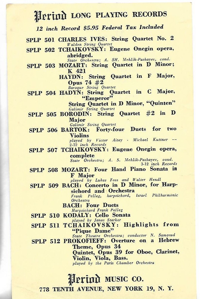 SPRING 1950-PERIOD LONG PLAYING RECORDS MINI CATALOG