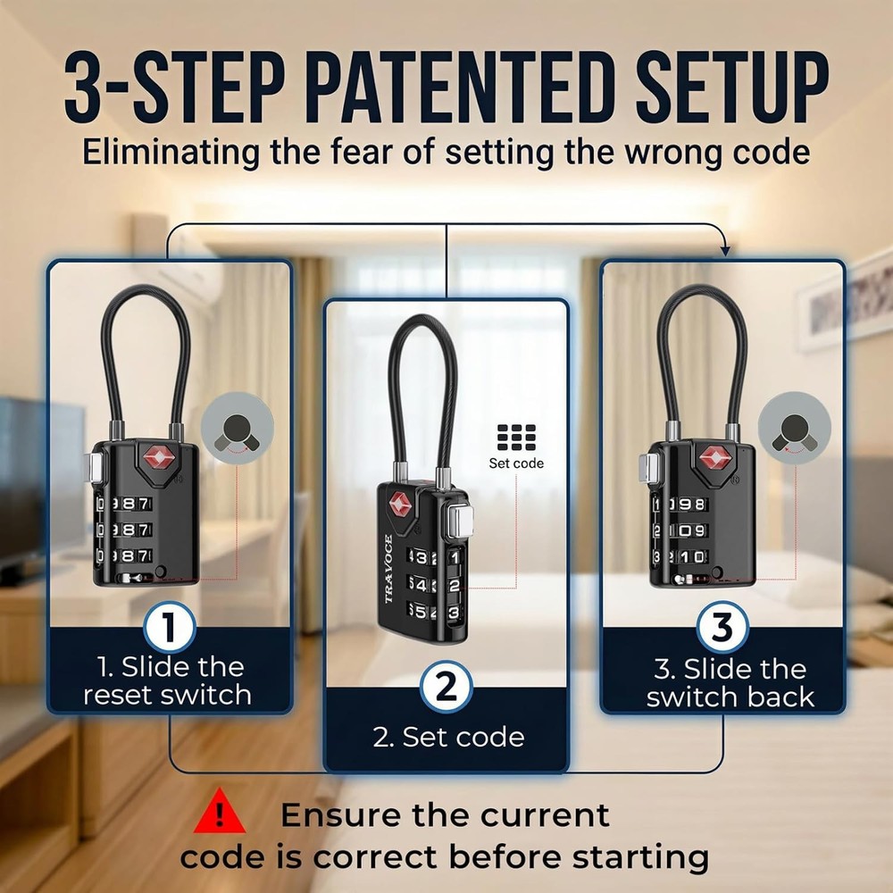 Durable TSA Luggage Locks with Search Alert - 4 Pack Combination Cable Locks