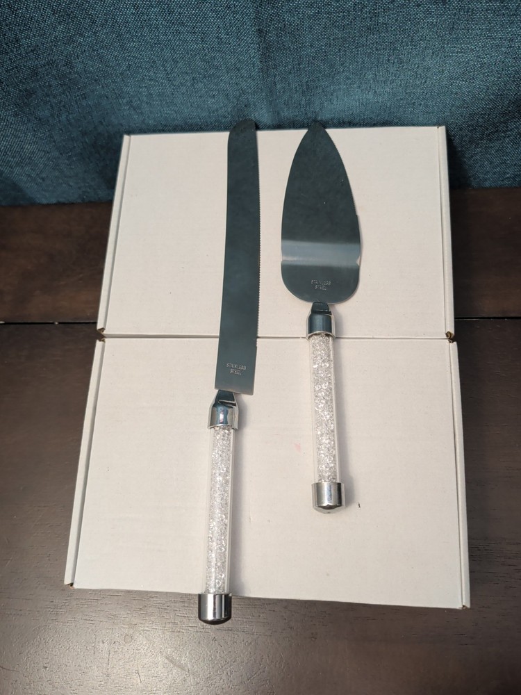 Mr & Mrs Wedding Cake Server Knife Set | Crystal Filled Bling Handle Stainless