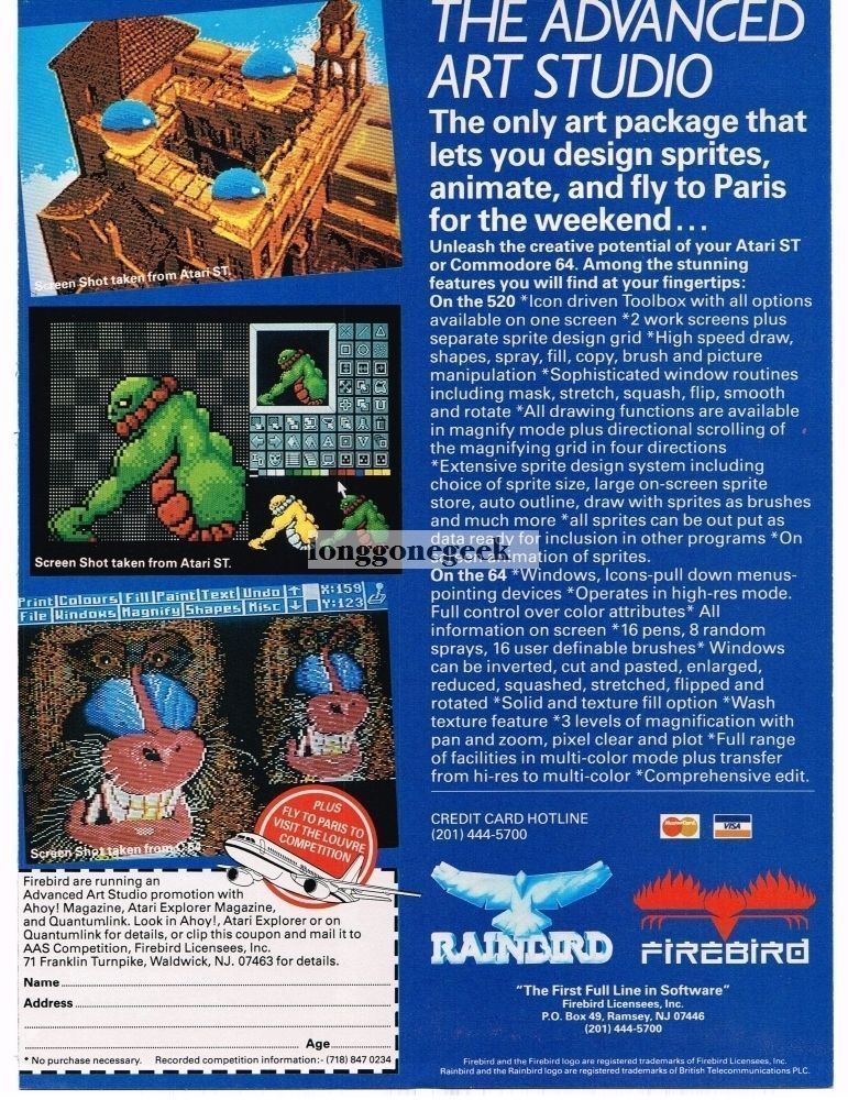 1988 Firebird Advanced Art Studio Commodore 64 Atari ST Vintage Print Ad