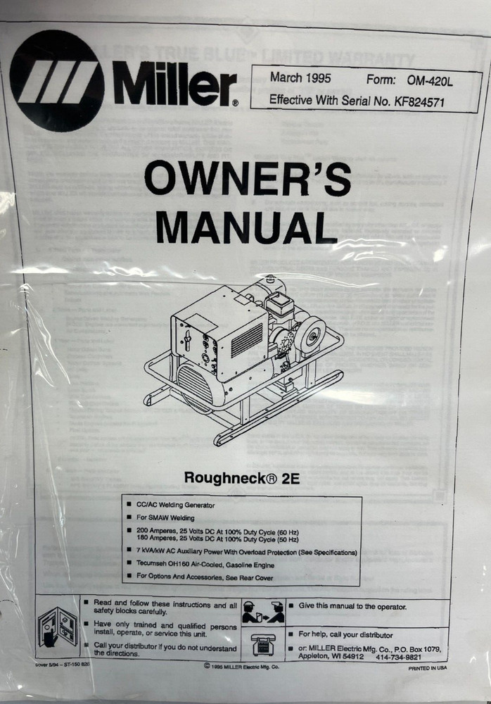 Miller Roughneck 2/2E Owners MANUAL  Arc Welding Power Source Guide