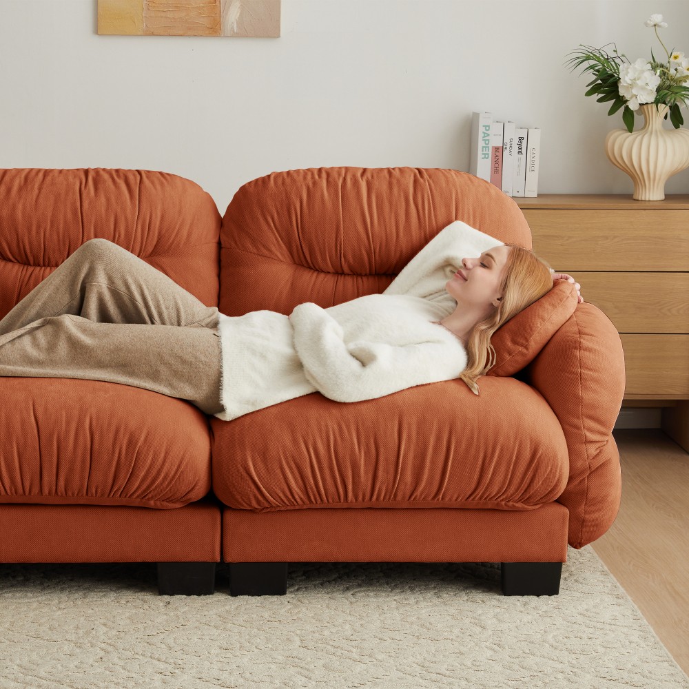 Orange L-Shape Sectional Sofa w/ Ottoman & Throw Pillows, Modular Chenille Couch