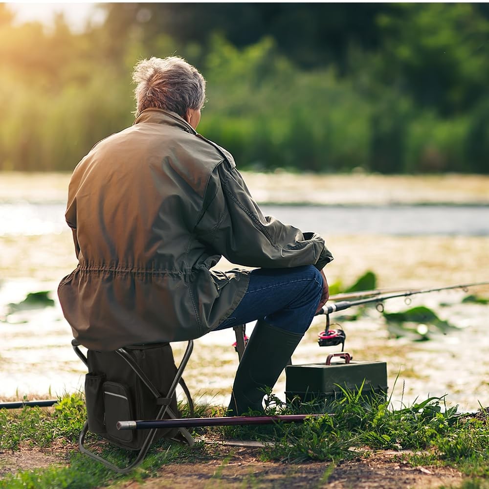 Portable Folding Backpack Stool with Cooler Compartment, Black