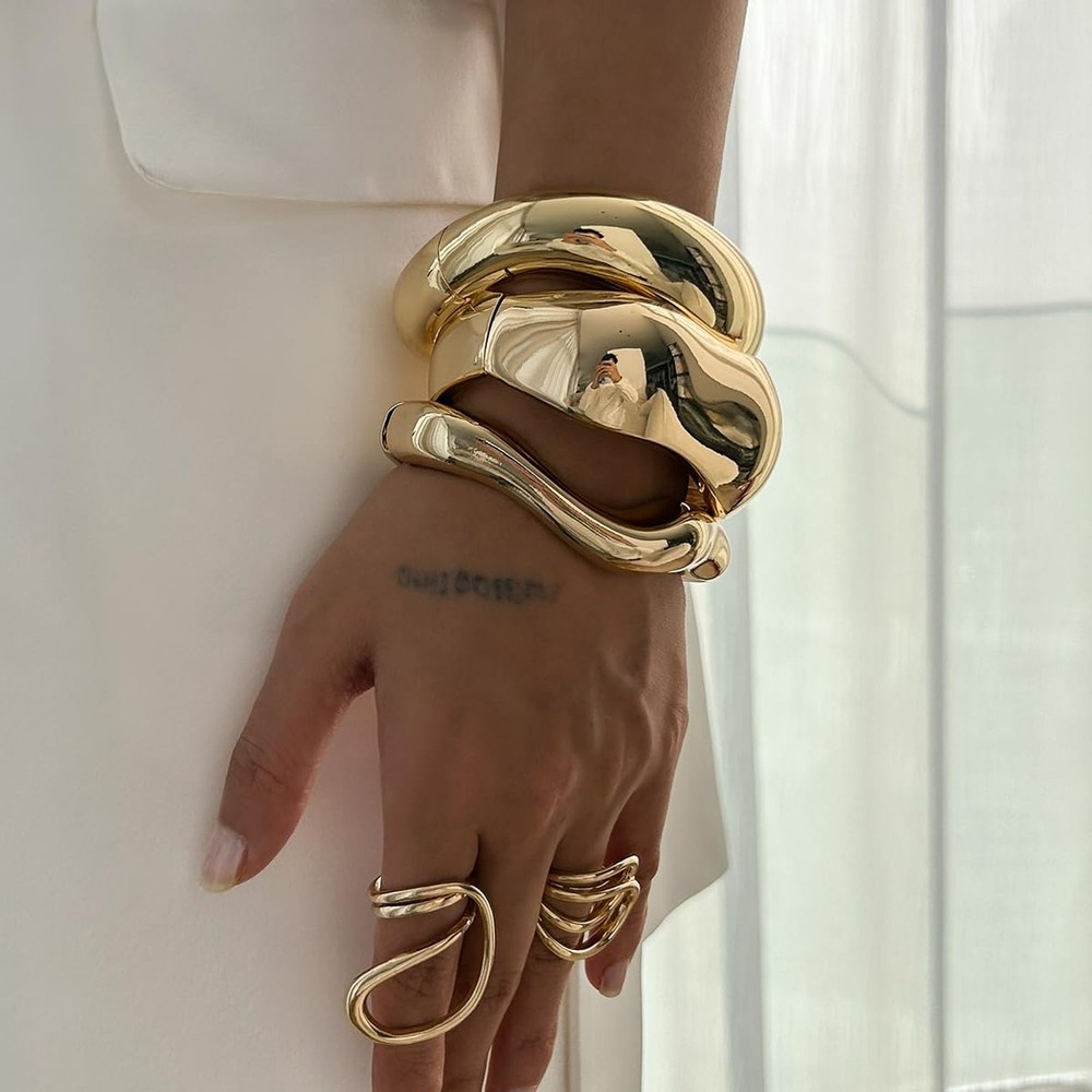 Gold Bangle Bracelets for Women Trendy Chunky Wide Cuff Stackable Bangles Irr...