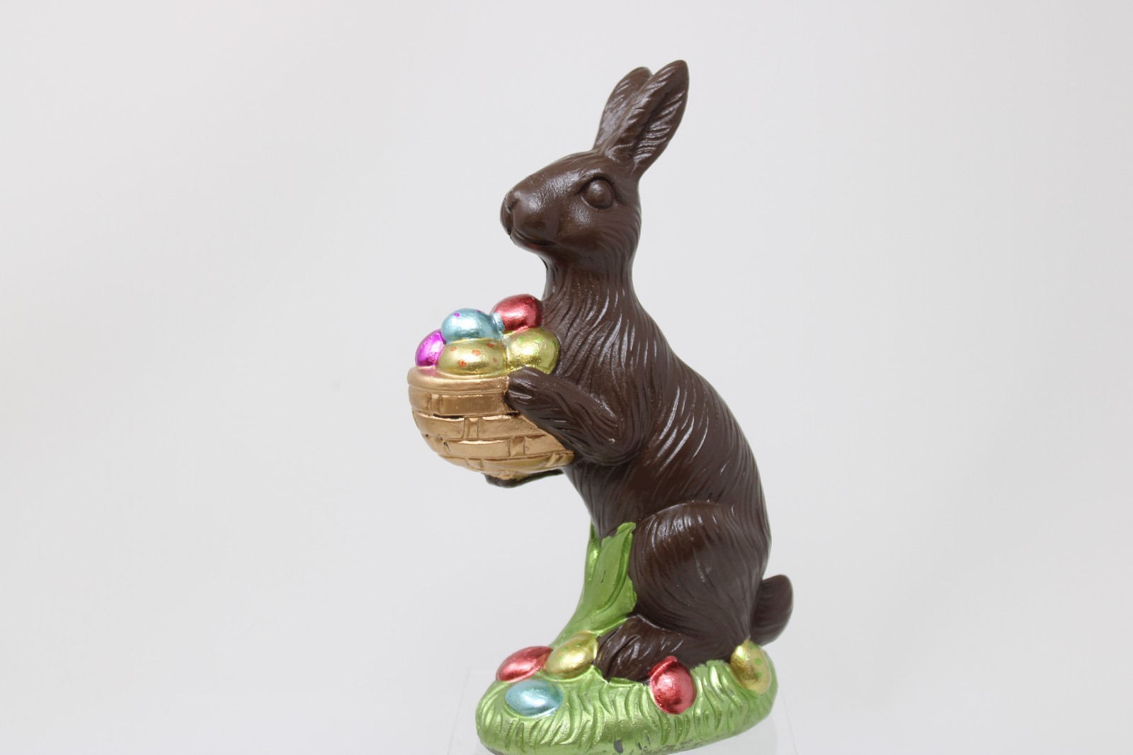 Faux Chocolate Tabletop Easter Decor Bunny Rabbit Holding Basket of Eggs 8"