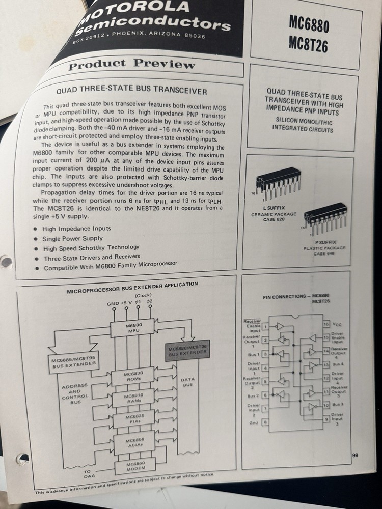 Motorola MC6800 Processor Datasheet MC6820 MC6850 MC6880 MC 6800 Microprocessor