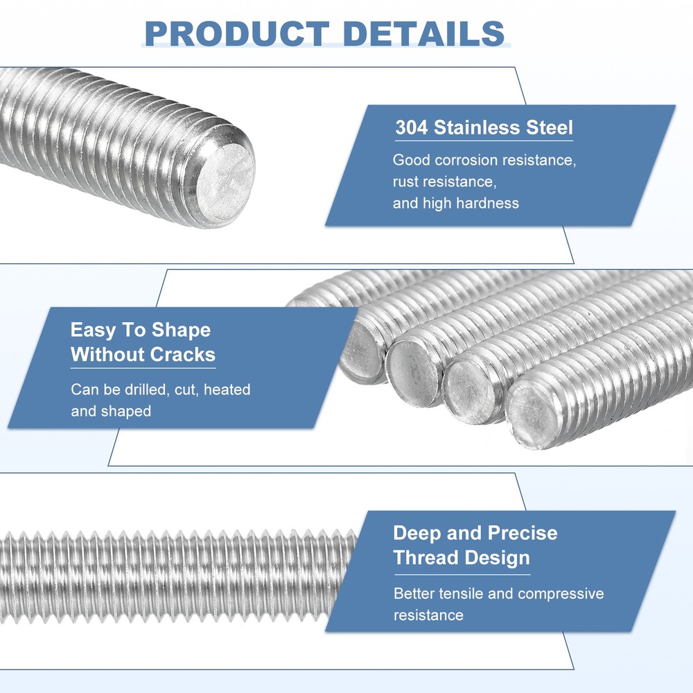 5Set M3-0.5x250mm Fully Threaded Rods, Stainless Steel Thread Bar Studs & Nuts