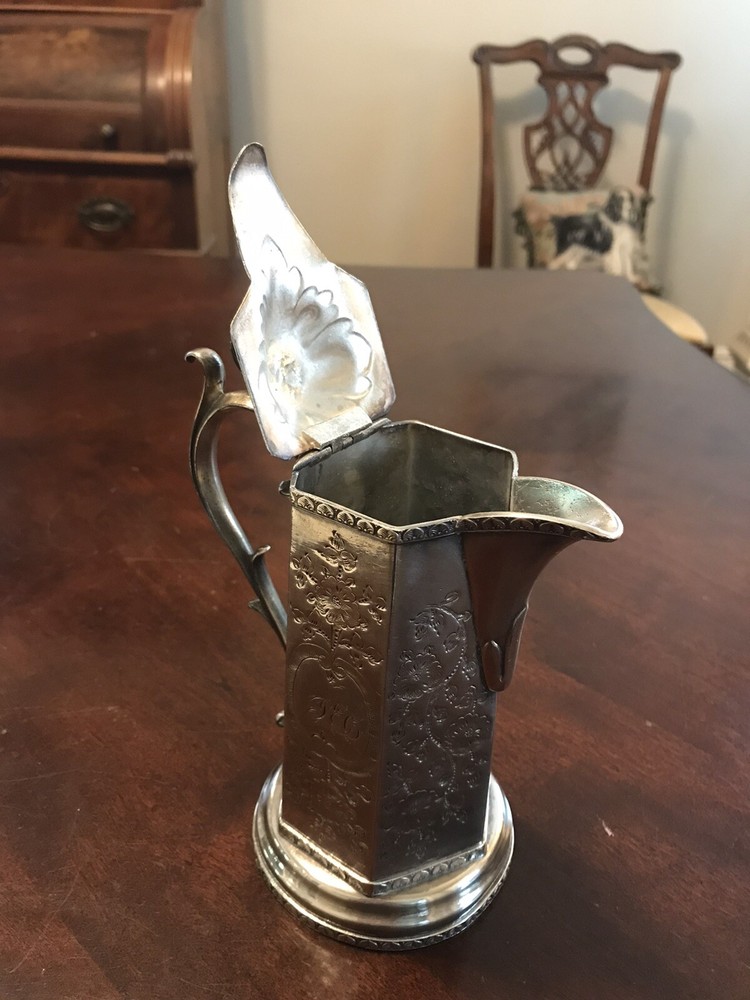Antique Victorian Silver Plate Syrup Pitcher Engraved