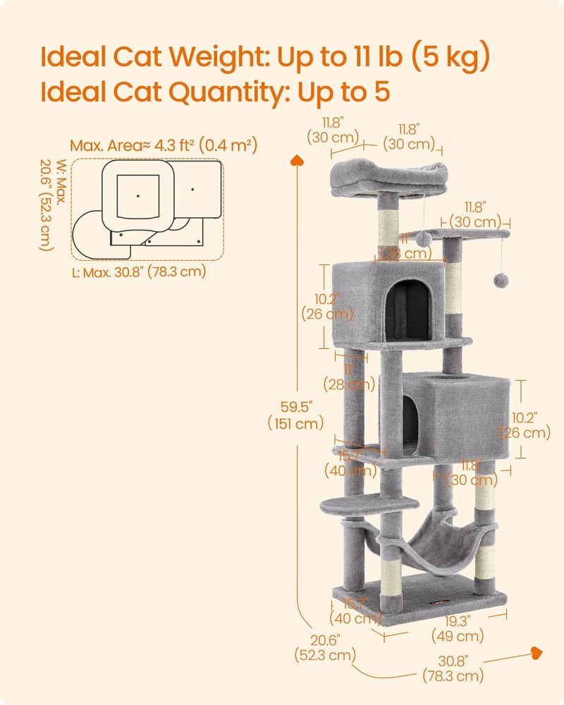 Multi-Level Cat Tree Tower 59.5-Inch with Scratching Posts, Perches Caves