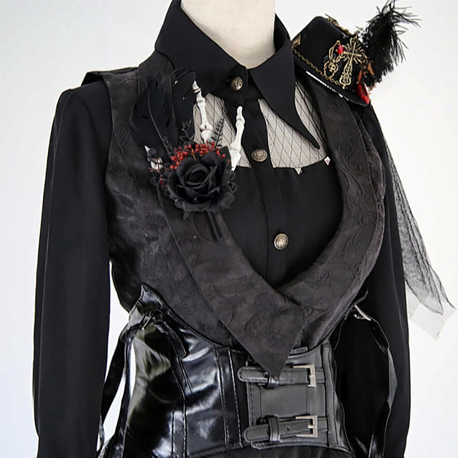 Gothic Black and Red Wrist Corsage and Boutonniere Set for Weddings and Prom