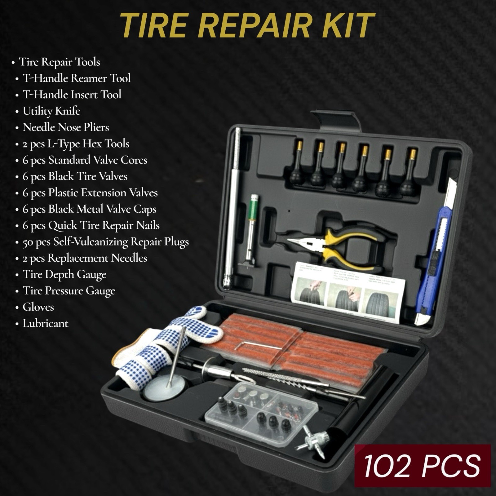Tire Repair Kit 102pcs Heavy Duty Flat Tire Plug Kit for Car Truck SUV Emergency