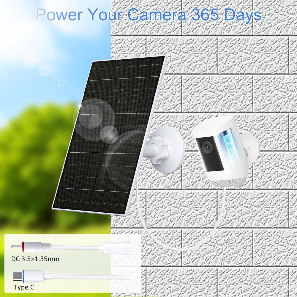 FUTUREZEN 6W Solar Panel for Ring Camera, DC 3.5×1.35mm & USB-C White