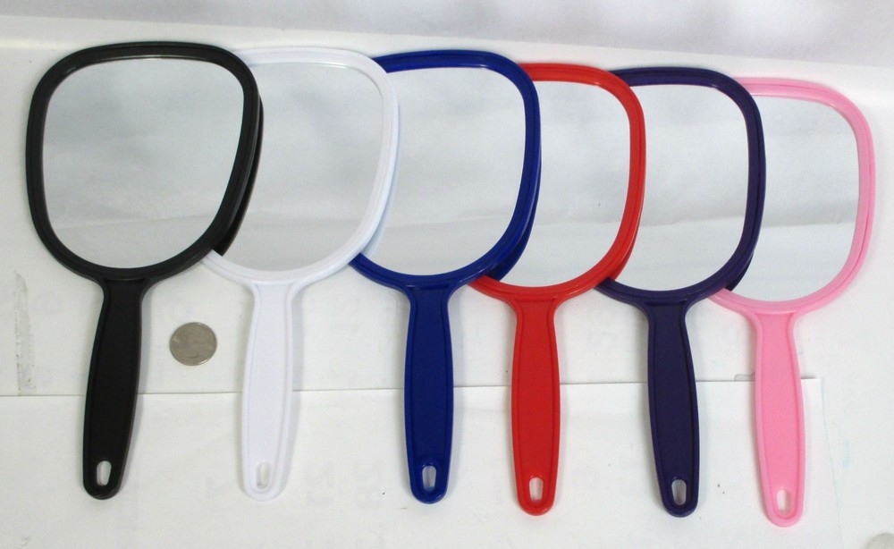 PICK 1-  5" X 10.5" MAKE UP MIRROR WITH HANDLE  PLASTIC