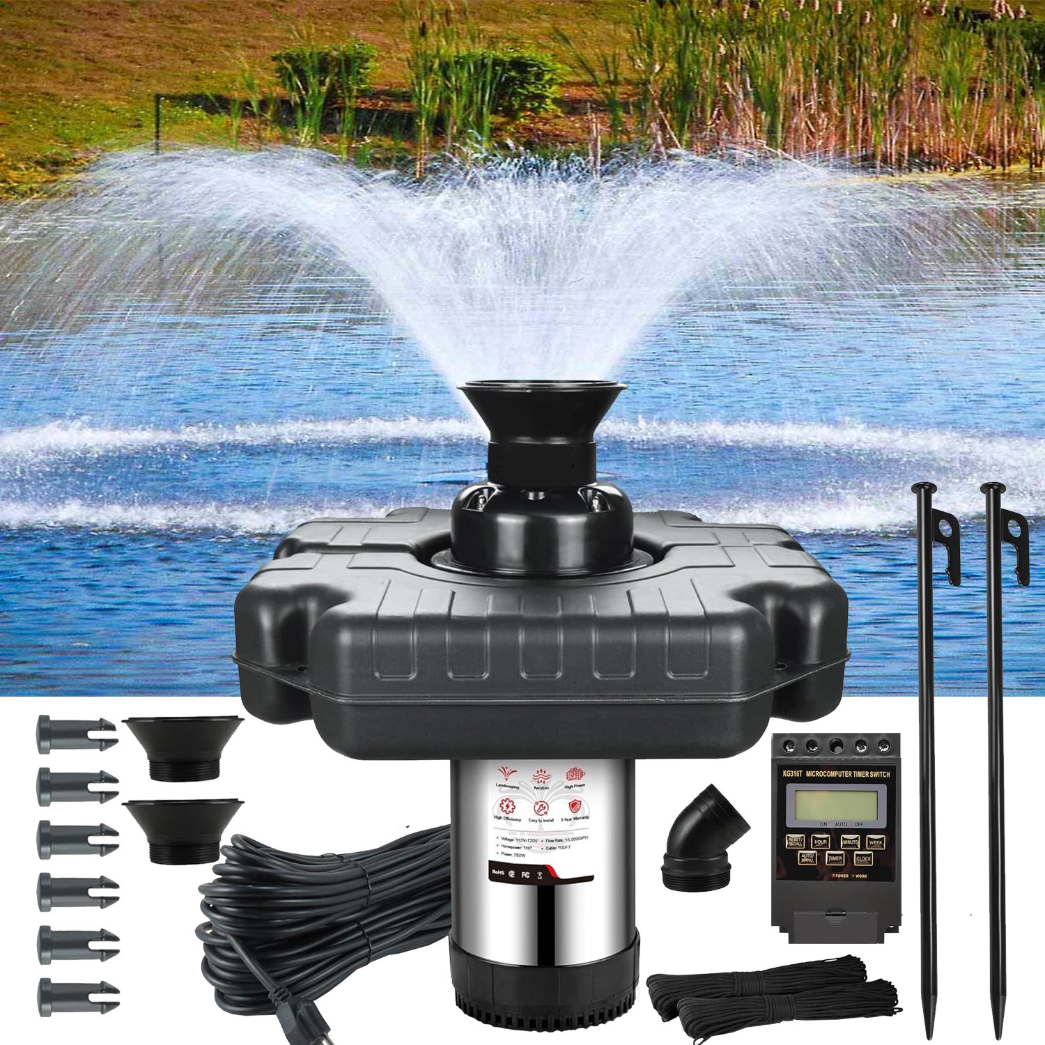 1HP 15000GPH Pond Fountain Aerator 750W Pond Fountain Floating Aerator Pump