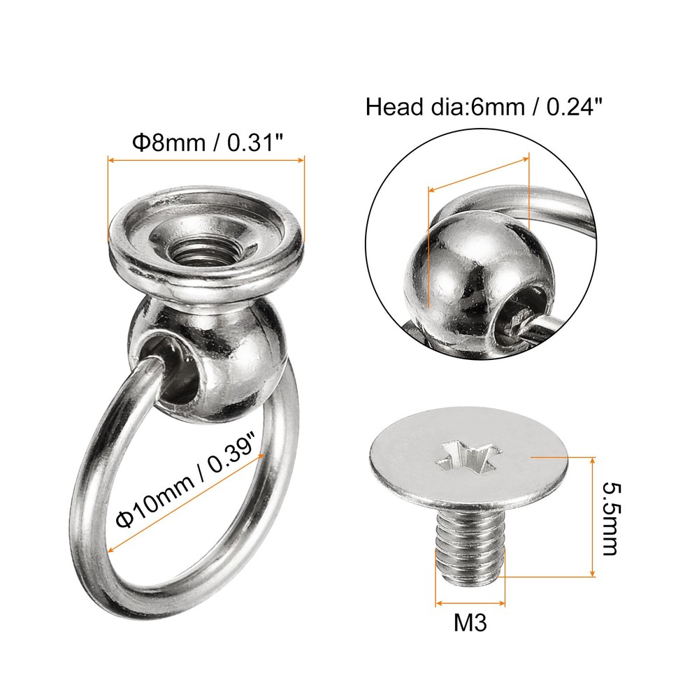 6x8mm Ball Head Stud Rivets Screw Back with O Ring, 12Pack, Silver Tone